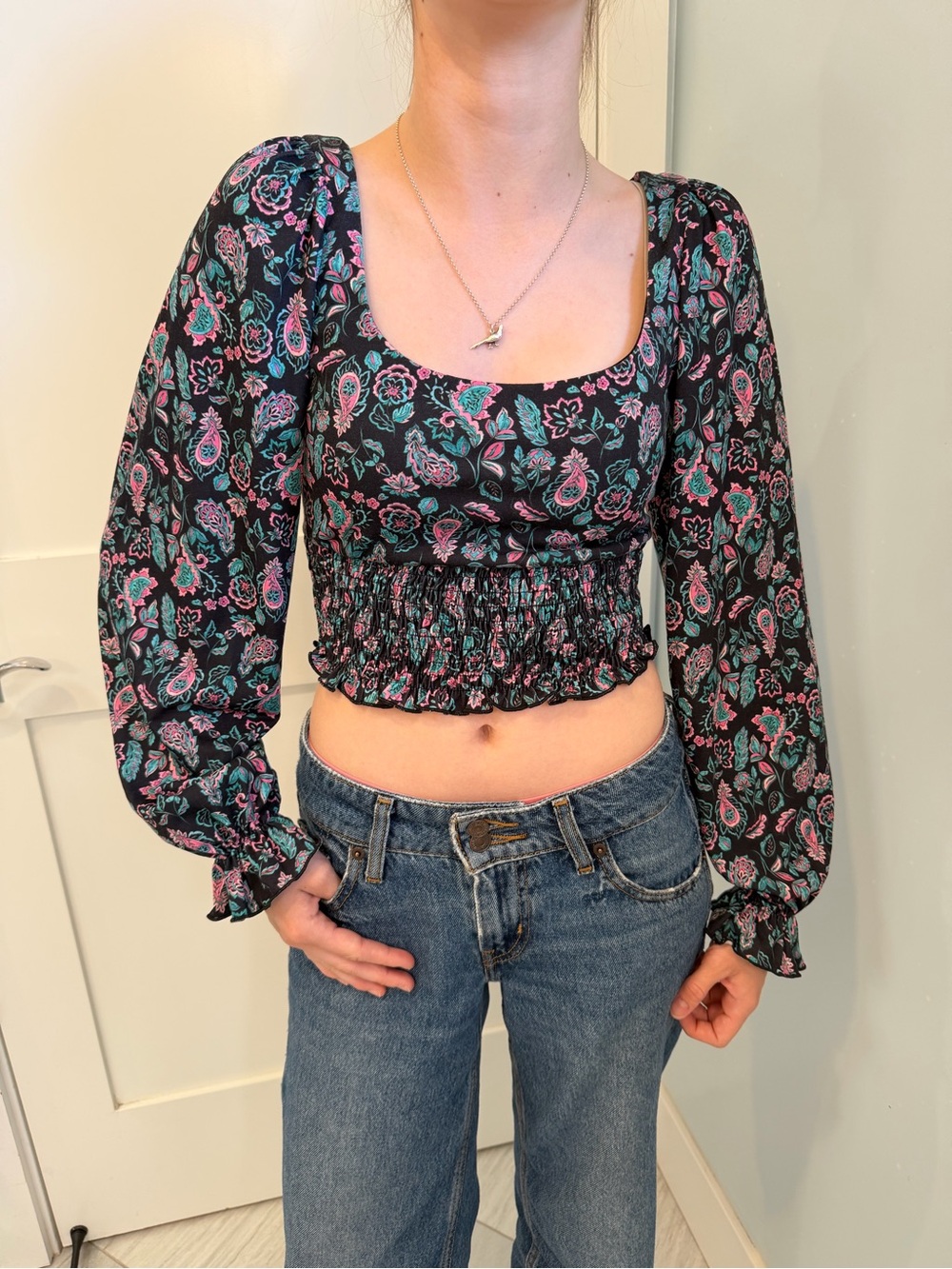 Topshop Crop Smocked Square Neck Blouse, Women’s size XS